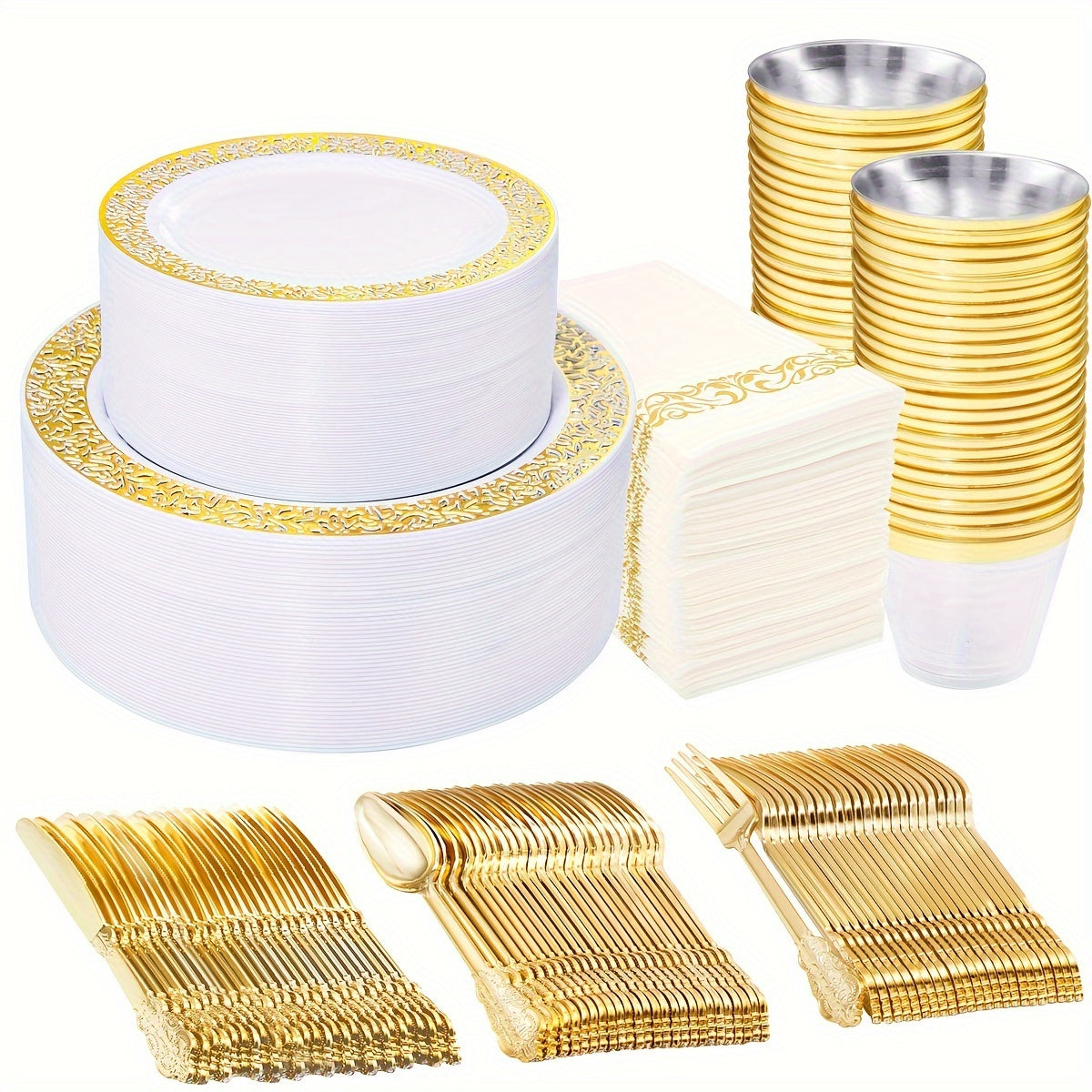350 Piece Disposable Plastic Dinnerware Set, Golden Lace Design, 50 Dinner Plates, 50 Dessert Plates, 50 Golden Silverware, 50 Golden Cups, 50 Napkins for Thanksgiving Party