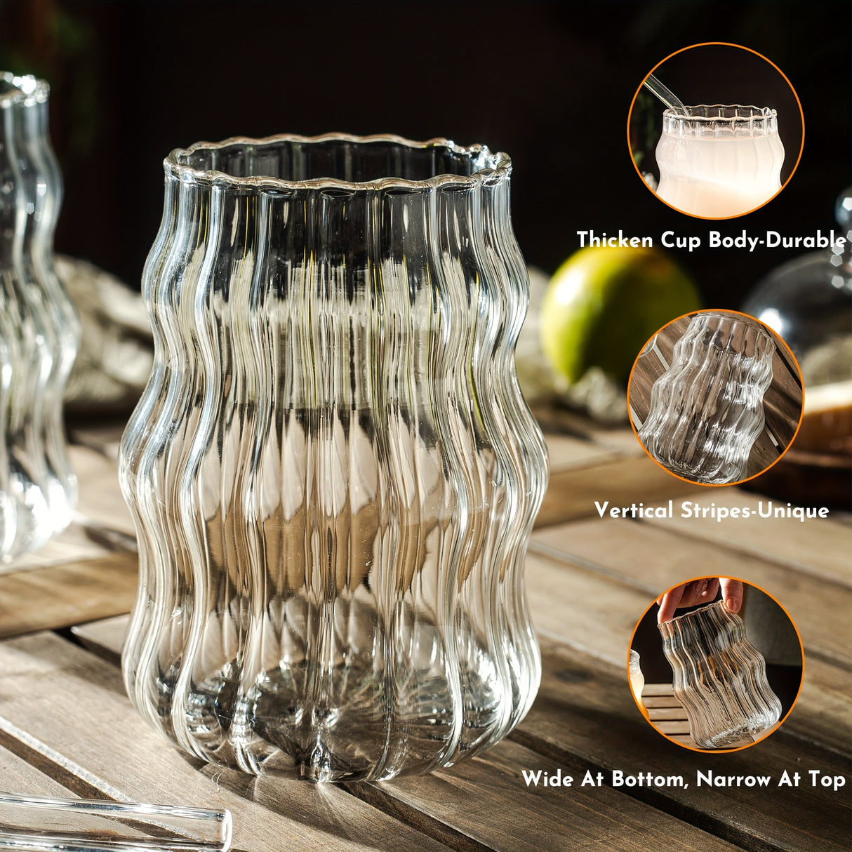 8PCS, Ribbed Drinking Glass Cups with Straws Set, 18 oz Aesthetic Iced Coffee Glasses, Wave Bubble Glasses Tumbler, Ripple Glassware, Beer Glasses for Coctail, Milk, Soda, Gift with Brush