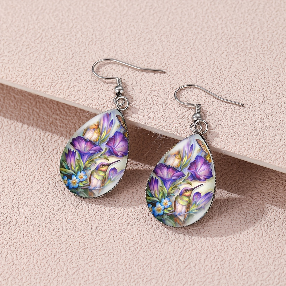 Elegant Sunflower & Hummingbird Water Drop Earrings - Stainless Steel Posts, Glass Material, Perfect for Casual Attire, Pair, Elegant Style