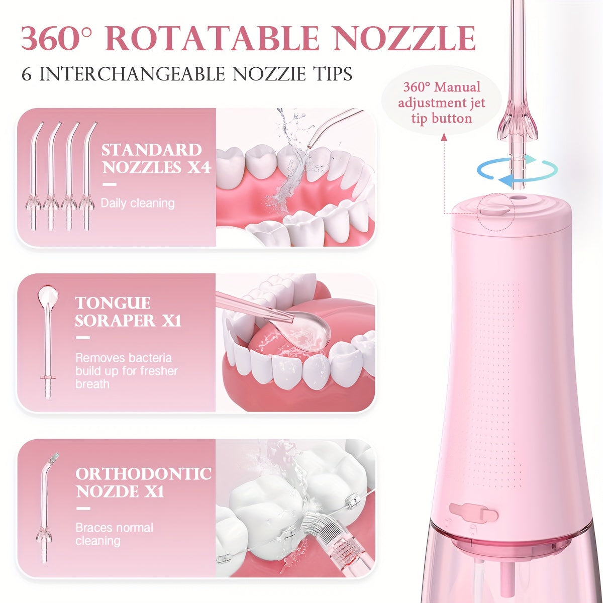 Pink Water Flosser And Electric Toothbrush, 6 Jet Tips & 8 Brush Heads, Usb Chargeable, Best Christmas Gift