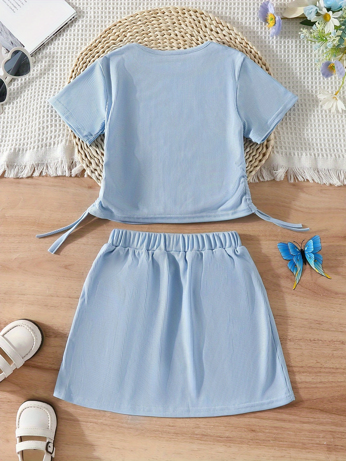Girl's Trendy 2pcs, Drawstring T-shirt & Skirt Set, Butterfly Print Ribbed Short Sleeve Top, Casual Outfits, Kids Clothes For Summer