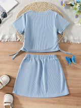Girl's Trendy 2pcs, Drawstring T-shirt & Skirt Set, Butterfly Print Ribbed Short Sleeve Top, Casual Outfits, Kids Clothes For Summer