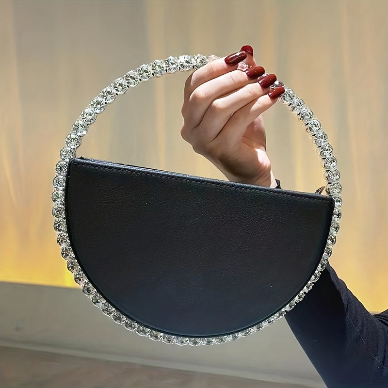 Luxurious Round Rhinestone Clutch Bag - Zipper Closure, Faux Leather Lining, Solid Color, Elegant Party Prom Wedding Handbag for Women - Trendy and Chic Evening Purse