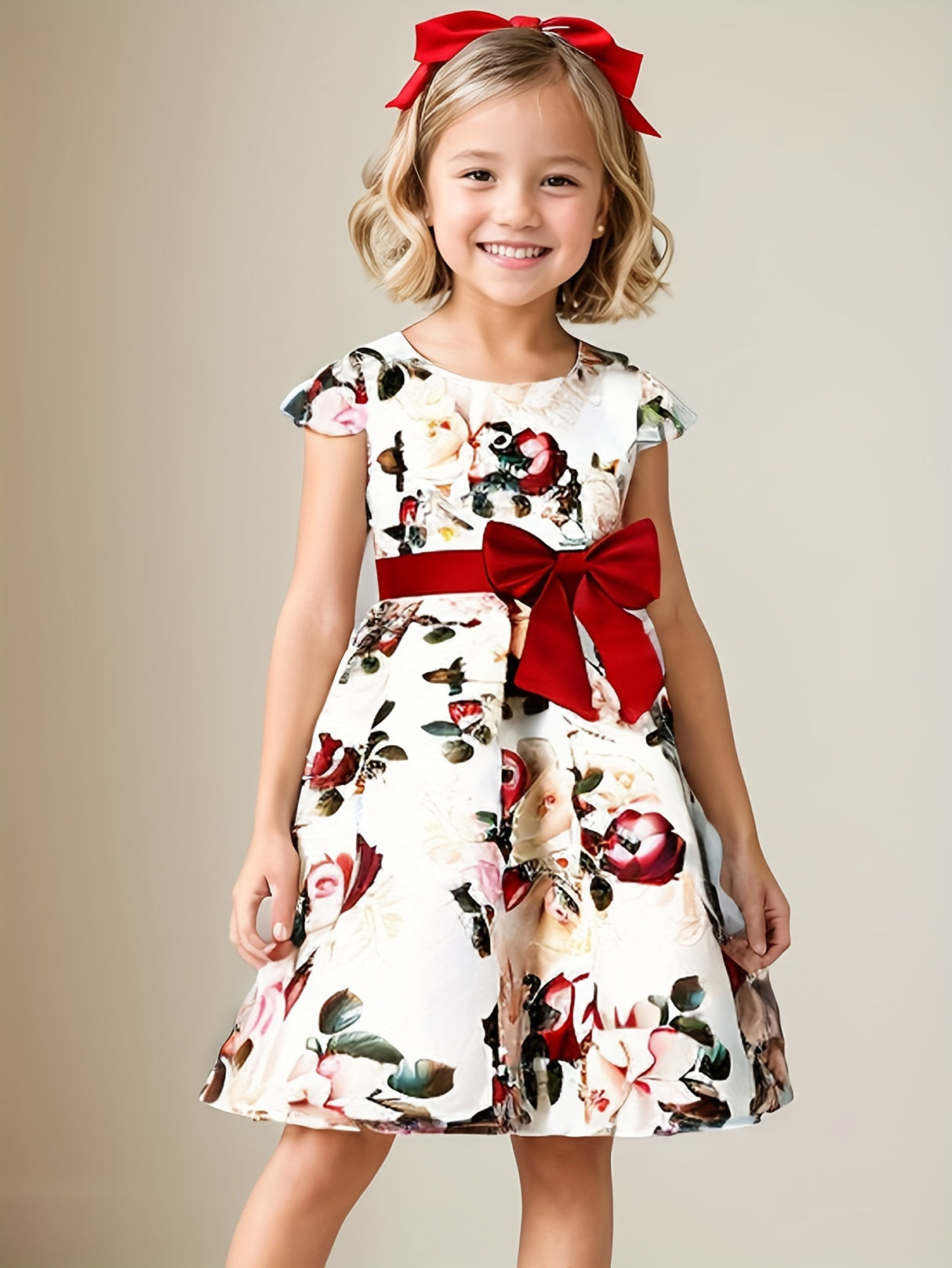 Girls Elegant Floral Pattern Dress Short Sleeves Dresses Kids Clothes For Winter Fall Christmas Gift Party