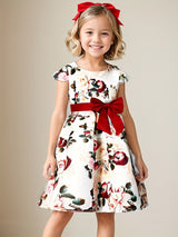 Girls Elegant Floral Pattern Dress Short Sleeves Dresses Kids Clothes For Winter Fall Christmas Gift Party
