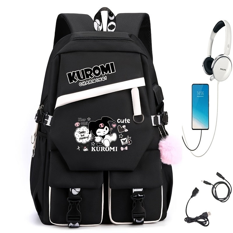 Lightweight Cartoon Animation [Authorized]Sanrio Kuromi Cute Backpack, Fashionable College Style Travel School Bag For Boys And Girls, Back To School Season
