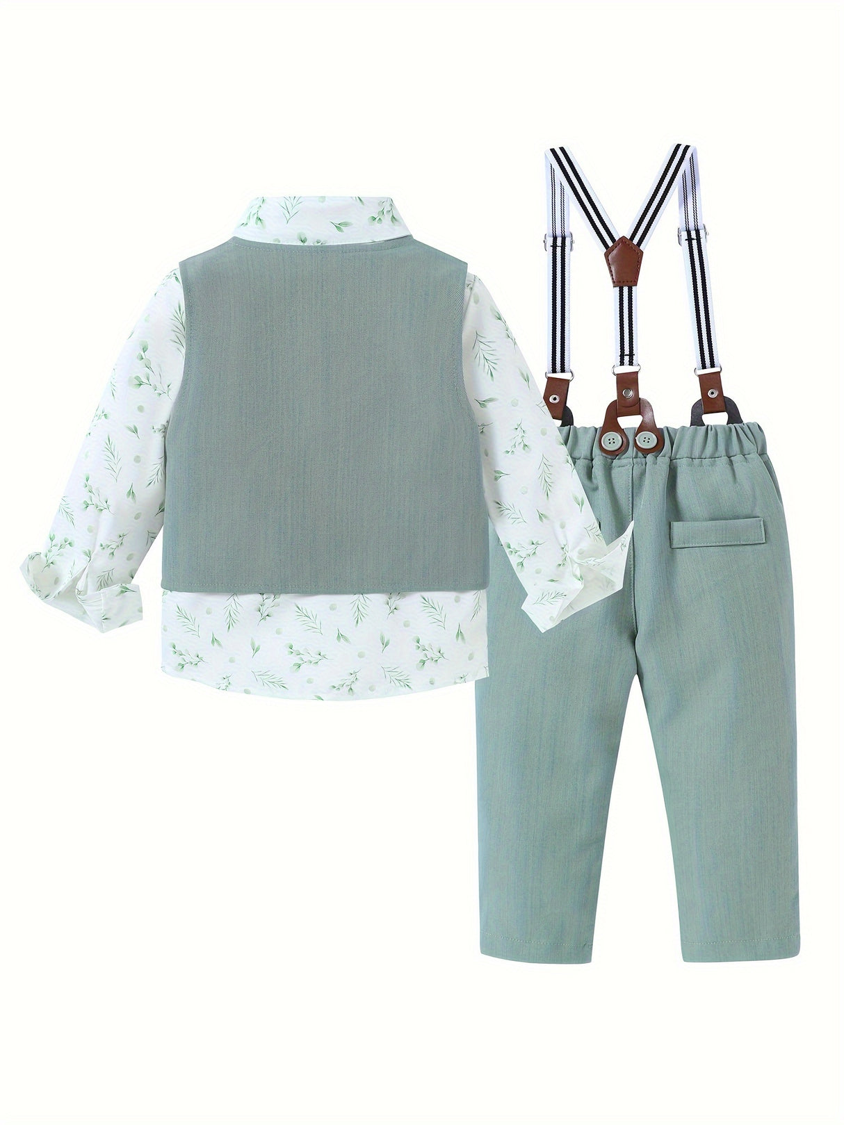 4pcs Toddler Boys Gentleman Outfit Set - Cotton Blend Long Sleeve Shirt, Bowtie, Vest, Suspender Pants with Floral Pattern for Wedding Party - All-Season Regular Fit, Woven Fabric, Single Breasted Lapel Collar, 5.0% Spandex,