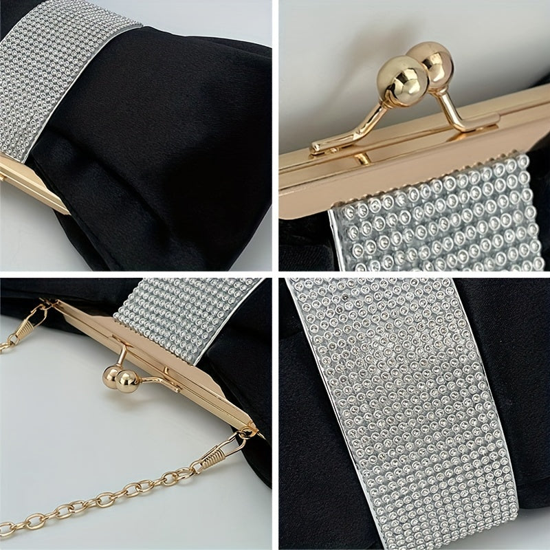 Rhinestone Decor Fashion Clutch Bag, Kiss-Lock Metal Chain Portable Handbag, Women's Purses & Evening Bags