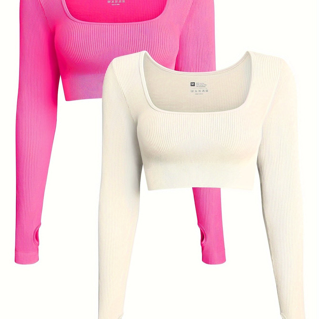 OQQ Women's 2 Piece Crop Top Ribbed Seamless Workout Exercise Long Sleeve Crop Tops