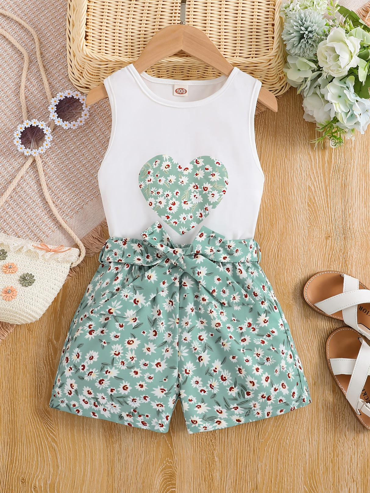Girls 2pcs Round Neck Sleeveless Tank Top & Elastic Waist Shorts With Belt Floral Love Print Casual Kids Clothes Summer