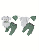 Baby Boy Summer Outfits Letter Dinosaur Print Short Sleeve Round Neck Romper with Solid Pants and Hat 3pcs Set, for Outdoor