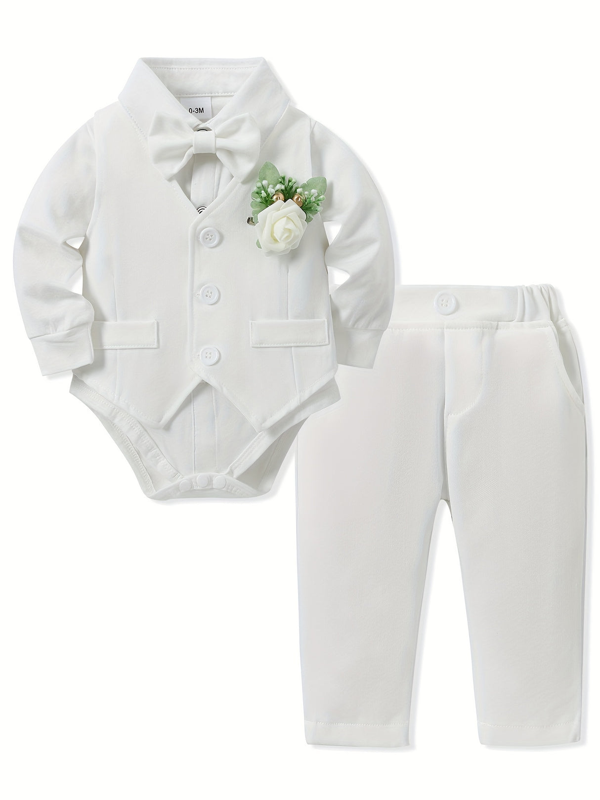 5 Pieces Baby Boy Long Sleeve Gentleman Suit Baby Boy Holiday Party Wedding Dress Suit One-piece Shirt, Vest, Trousers, Bowtie, Corsage 0-24M Soft And Comfortable Cotton Toddler Clothing