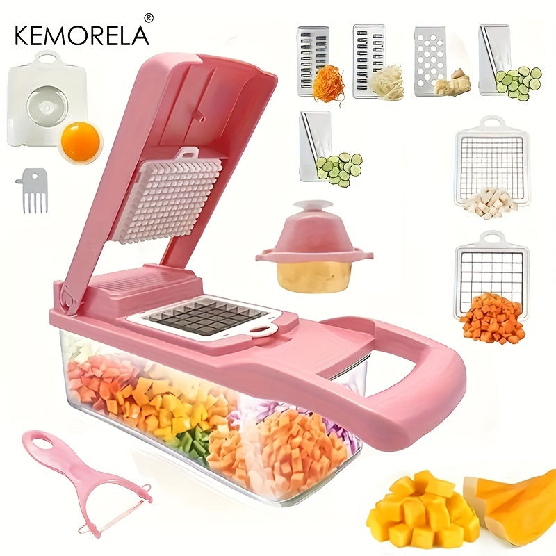 KEMORELA 16 in 1 Vegetable Chopper - Multifunctional Manual Food Slicer - Stainless Steel Blades, Plastic Mandoline Cutter with Interchangeable Grater Inserts - Fruit & Onion Mincer - Kitchen Gadget Essentials with Storage Co