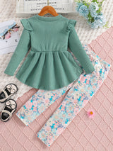Sweet Outfits 2pcs Girls, Flutter Trim Long Sleeve Pullover + Flora Print Pants Set Kids Clothes Spring Fall