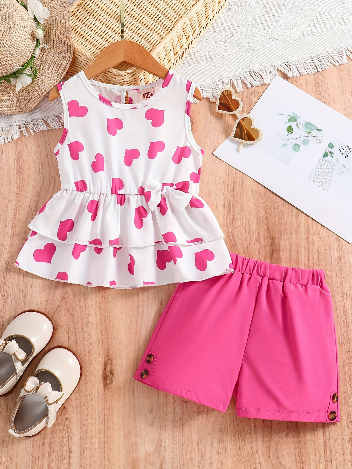Girls Casual Trendy Cute Heart Graphic Sleeveless Peplum Top & Shorts Set For Summer Holiday Party Kids Clothes