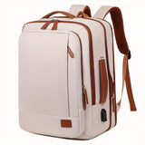 Expandable Large Capacity Backpack with Laptop Sleeve - Lightweight, Durable Oxford Travel & School Bag with Wet/Dry Compartment, Adjustable Straps, and Handheld Design - Beige with Brown Accents, School Shoulder Bag|Sleek De