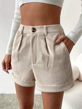 Chic Textured High Waist Shorts for Women - Button Front, Slant Pockets, Rolled Hem Design - Casual Everyday Wear