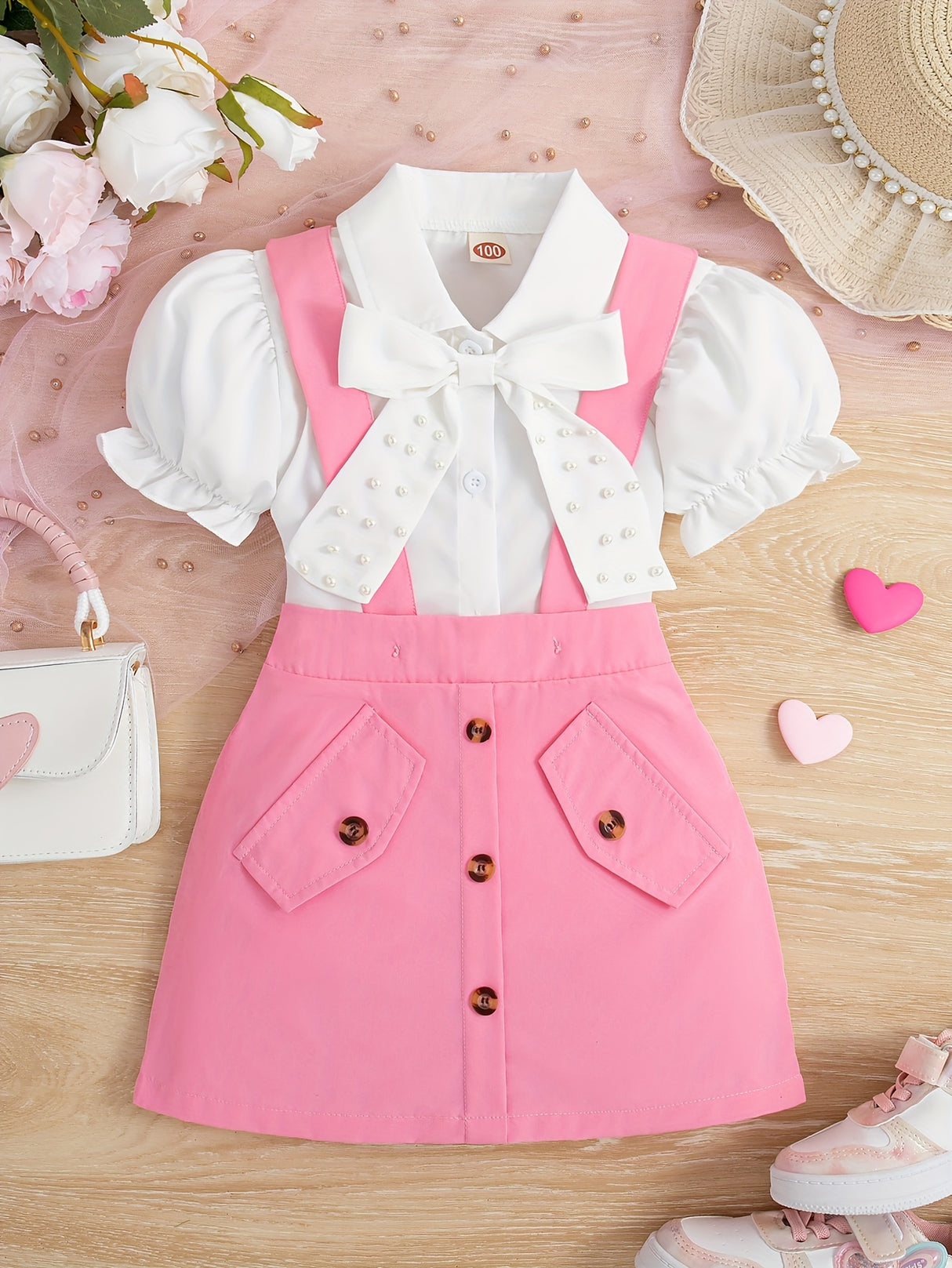 Buy 1 Get 1 Free, total of 2 pcs Girls Holiday Outfit Set - Adorable Beaded Bow Puff Sleeve T-shirt and Button Decor Suspender Skirt Combo - Perfect for Little Girls, Ideal Summer Gift and Holiday Wear, Girls Clothing Collect