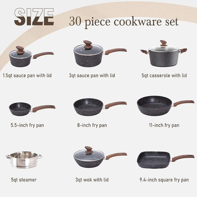 Kitchen Induction Cookware and Bakeware Set - 30 Piece Black Granite Cooking Pans Set Non-Stick Pots and Pans Set
