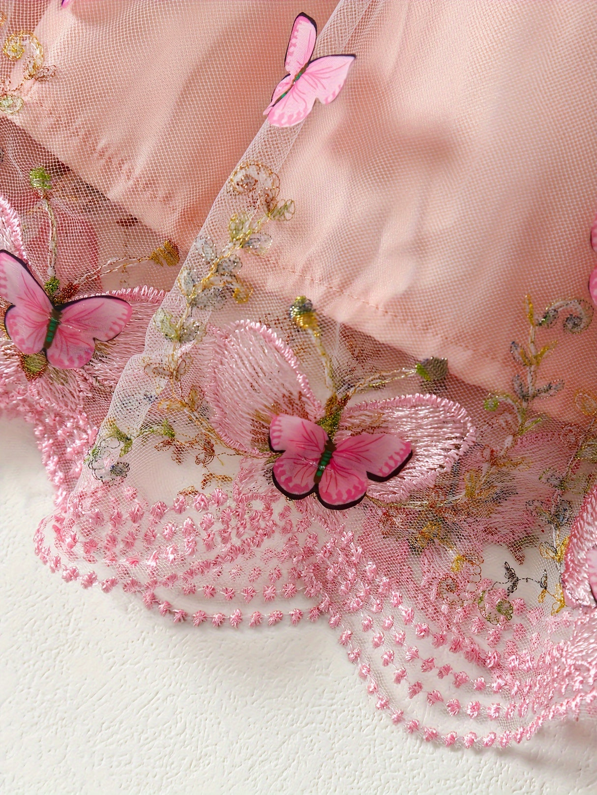 [Summer Baby Dress] 3pcs Summer Baby Girl Custom Mesh Dress | Three-Dimensional Butterfly Embroidered, Flanged Skin Flared Sleeve Short-Style Outer Blouse, Bow Hair Ribbon Set