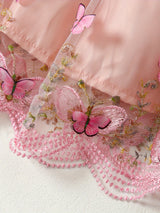 [Summer Baby Dress] 3pcs Summer Baby Girl Custom Mesh Dress | Three-Dimensional Butterfly Embroidered, Flanged Skin Flared Sleeve Short-Style Outer Blouse, Bow Hair Ribbon Set
