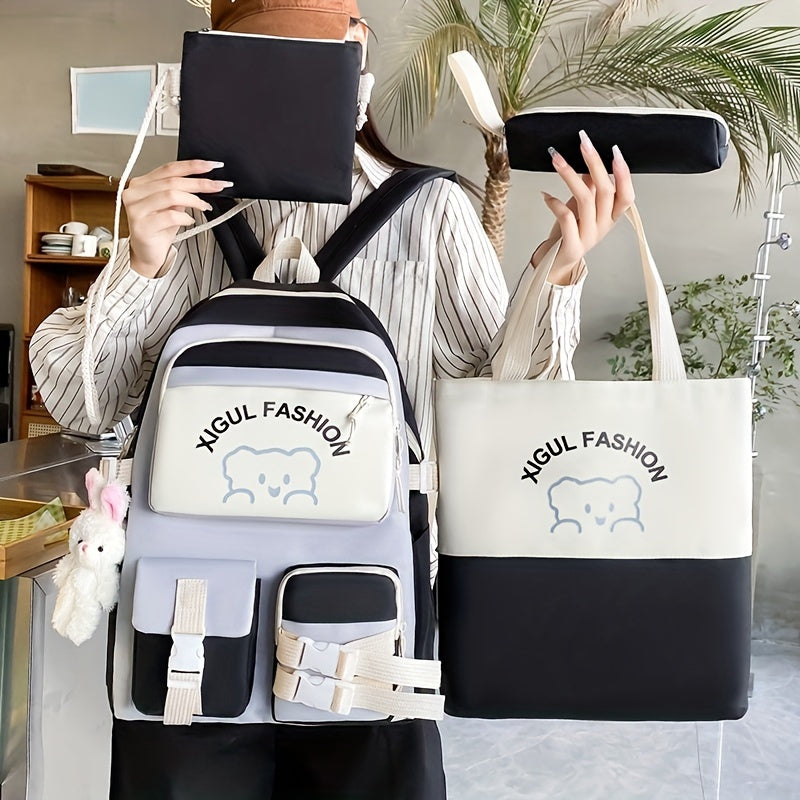New casual backpack women's four-piece backpack backpack Korean version contrasting simple and versatile canvas school bag