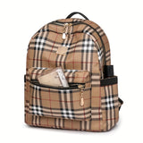 Vintage Plaid PU Material Women's Backpack With Adjustable Straps And Zipper Closure, Casual Style Large Capacity Travel School Bag