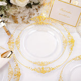 175PCS Clear and Gold Plastic Plates - Gold Disposable Plates Pre Rolled Napkins with Plastic Cutlery for 25 Guests, 50Plates, 75 Gold Plastic Silverware, 25Cups, 25Napkins for Wedding&Party