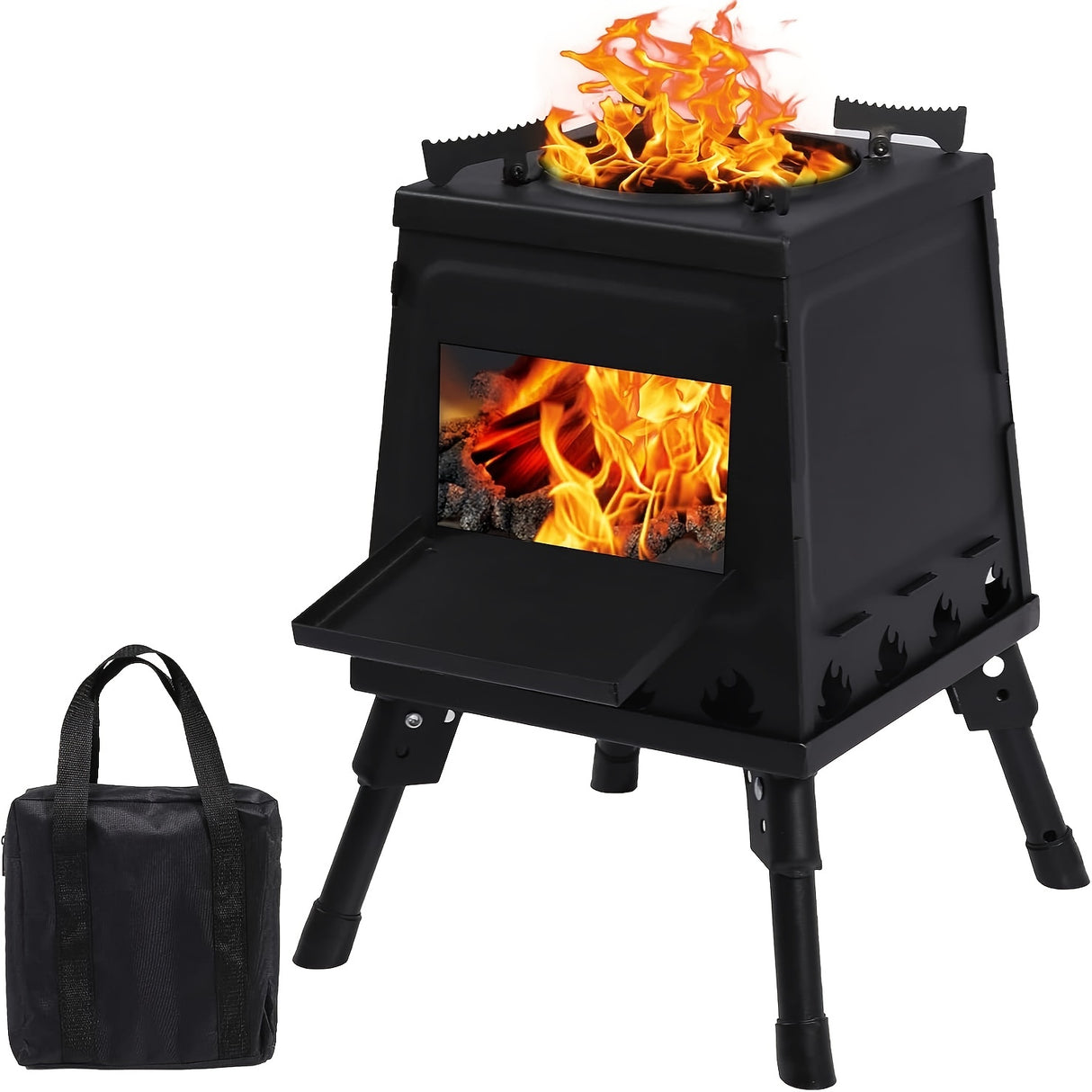 Wood Burning Camp Stove, Portable Cast Iron Wood Stove For Outdoor Hiking Picnic BBQ Travel, Black