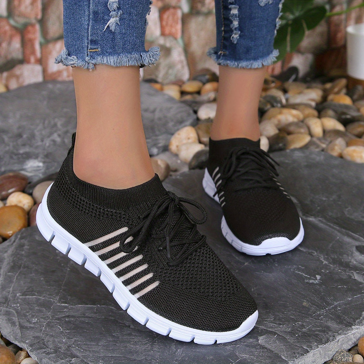 Womens All-Season Lace Up Knit Sneakers - Breathable Mesh Upper, Comfortable Fabric Insole, EVA Sole, Versatile Solid Color Running Shoes for Casual Wear