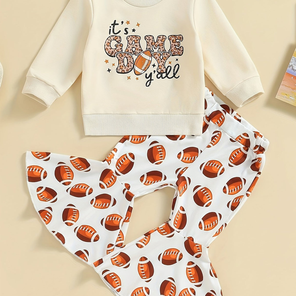 Toddler Baby Girls Cute 2pcs Outfits - Rugby Print Long Sleeve Sweatshirt & Stretchy Flared Pants Set Kids Clothes