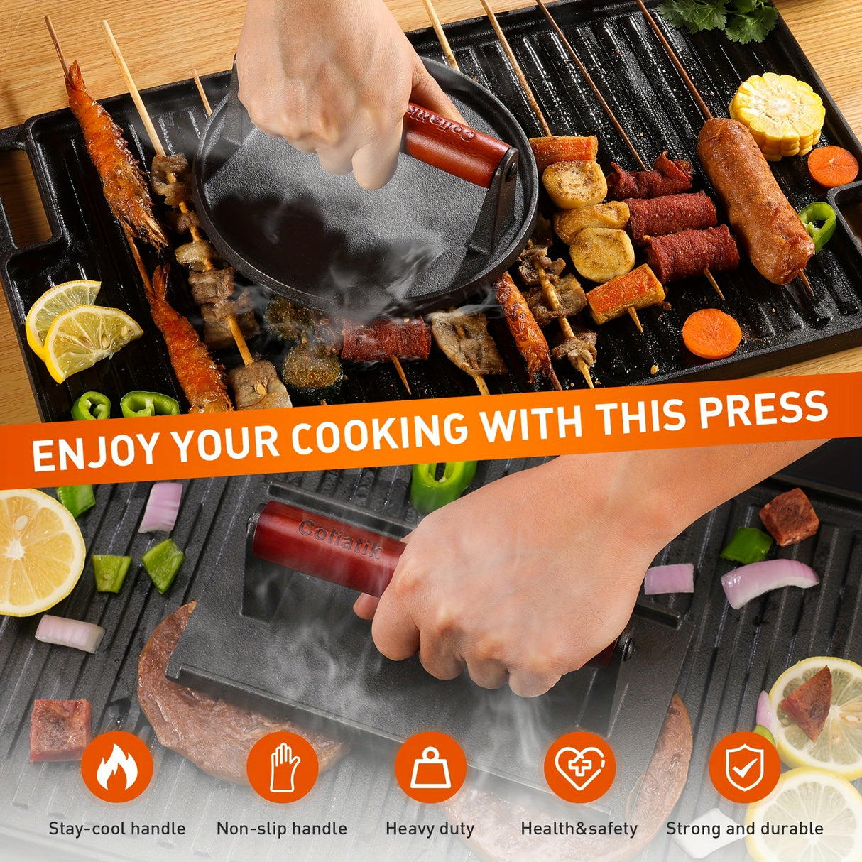 Heavy-Duty Cast Iron Burger Press Kit 7.08" Round & 8.3"X4.3"Rectangle Smash Presses with Wooden Handle-Perfect for Griddle, Grill, and Sandwich Cooking