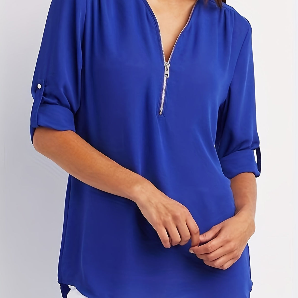 Solid V Neck Blouse, Casual Ruched Rollable Sleeve Half Zip Blouse, Women's Clothing