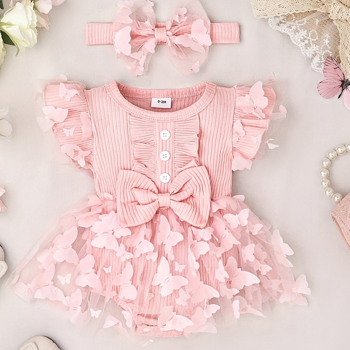 Baby Girl Clothes Cap Sleeve Butterfly Applique Romper Dress+Headband