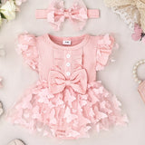 Baby Girl Clothes Cap Sleeve Butterfly Applique Romper Dress+Headband