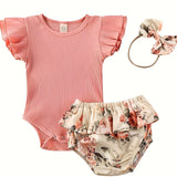 Newborn Outfit Baby Girl Going Home Outfit Ruffle Ribbed Romper Top Floral Pants Headband Set Cute Summer Clothes
