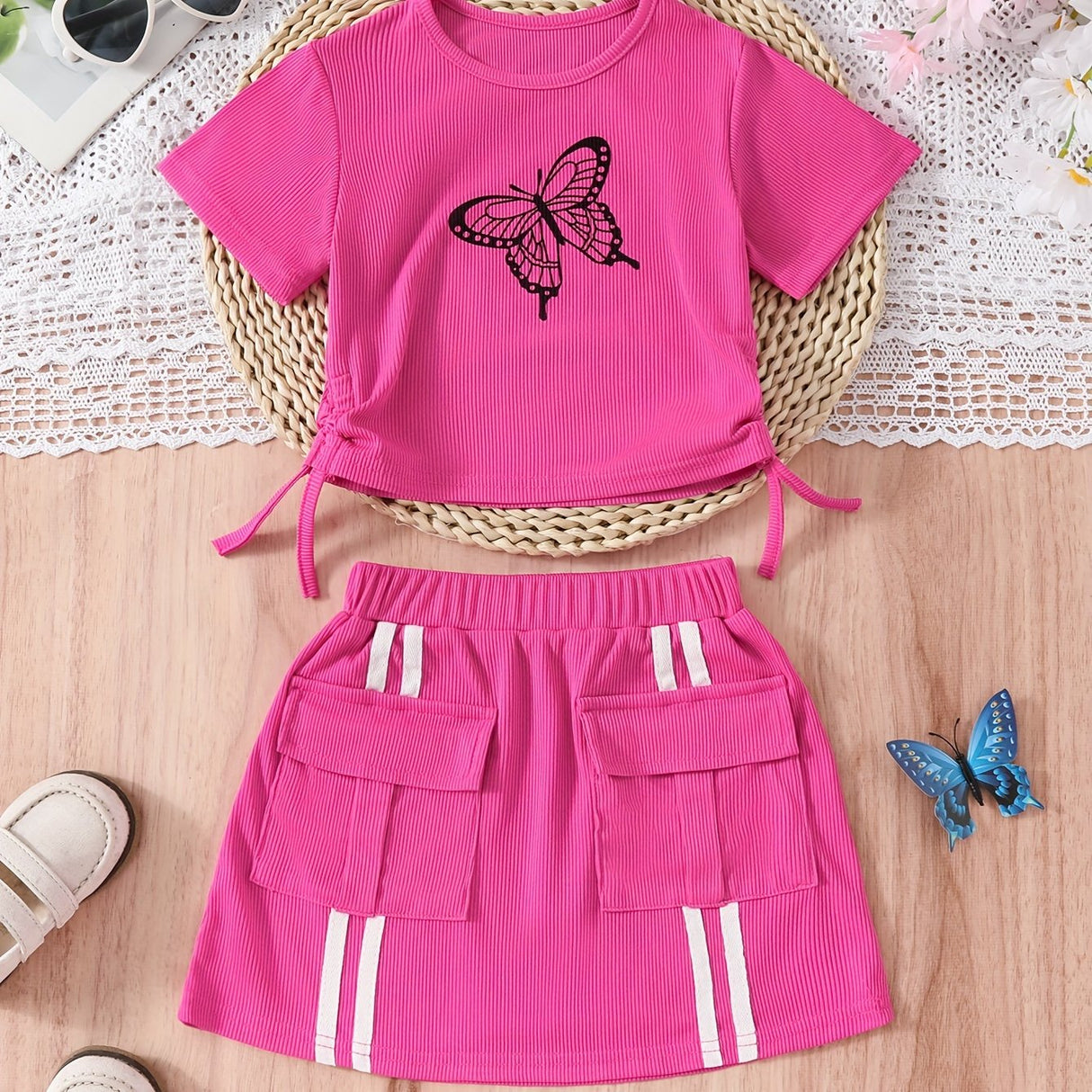 Girl's Trendy 2pcs, Drawstring T-shirt & Skirt Set, Butterfly Print Ribbed Short Sleeve Top, Casual Outfits, Kids Clothes For Summer