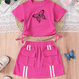 Girl's Trendy 2pcs, Drawstring T-shirt & Skirt Set, Butterfly Print Ribbed Short Sleeve Top, Casual Outfits, Kids Clothes For Summer