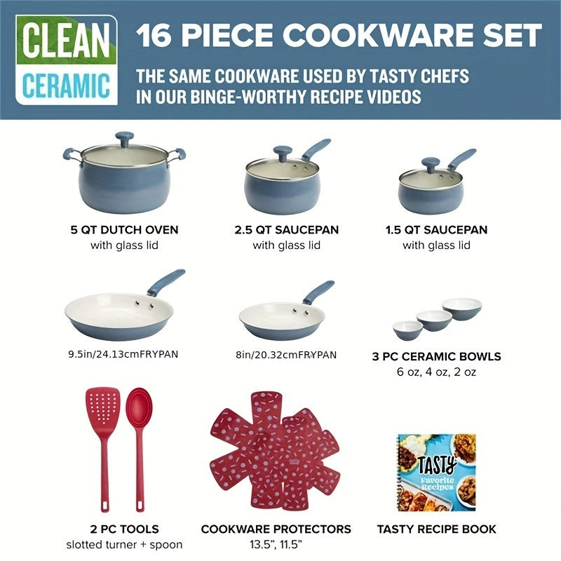 Ceramic 16 piece set of non stick aluminum cookware, slate blue soft and non-toxic healthy ceramic non stick pot set dishwasher safe and non stick pot convenient quality detachable handle induction cookware set non stick cook