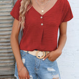 Womens Charming Solid Button Front Blouse - Casual V Neck, Short Sleeve, Perfect for Spring & Summer - Lightweight, Versatile, Ideal Everyday Style - Suitable for Multiple Occasions