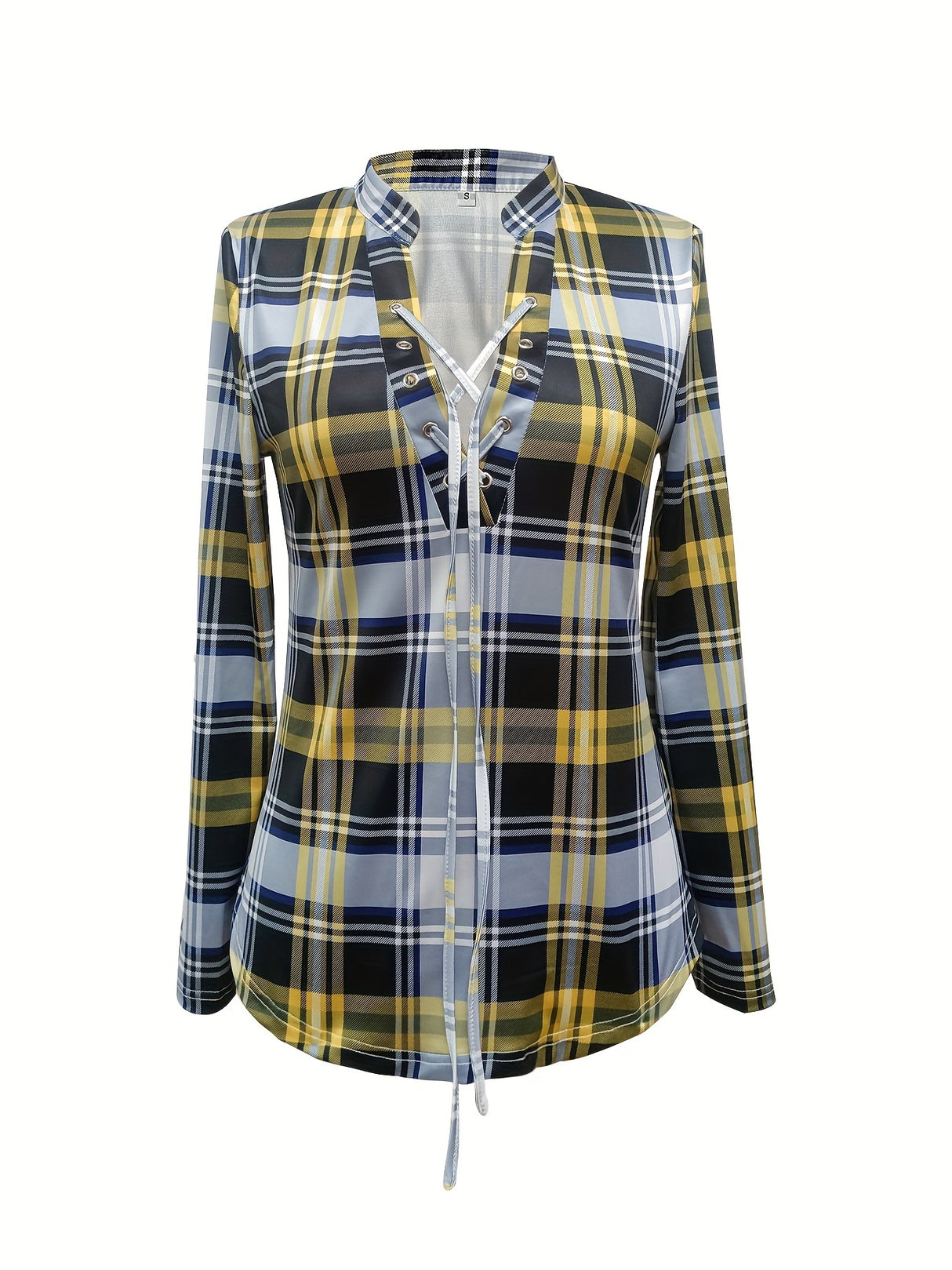 Casual Long Sleeve V Neck Plaid Print Drawstring Blouse - Women's Clothing