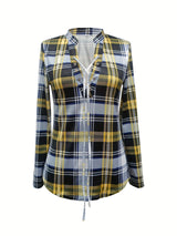 Casual Long Sleeve V Neck Plaid Print Drawstring Blouse - Women's Clothing