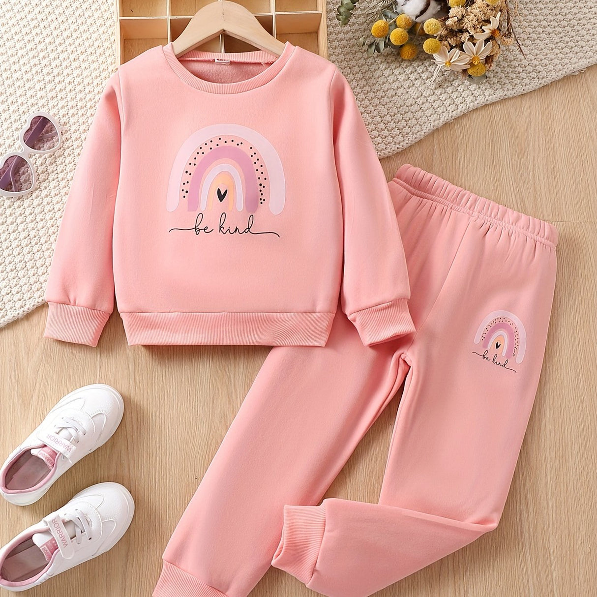 Girls 2pcs "Be Kind" And Rainbow Print Top & Jogger Pants Set, Thick Outfits Kids Clothes For Sports Spring Fall Winter