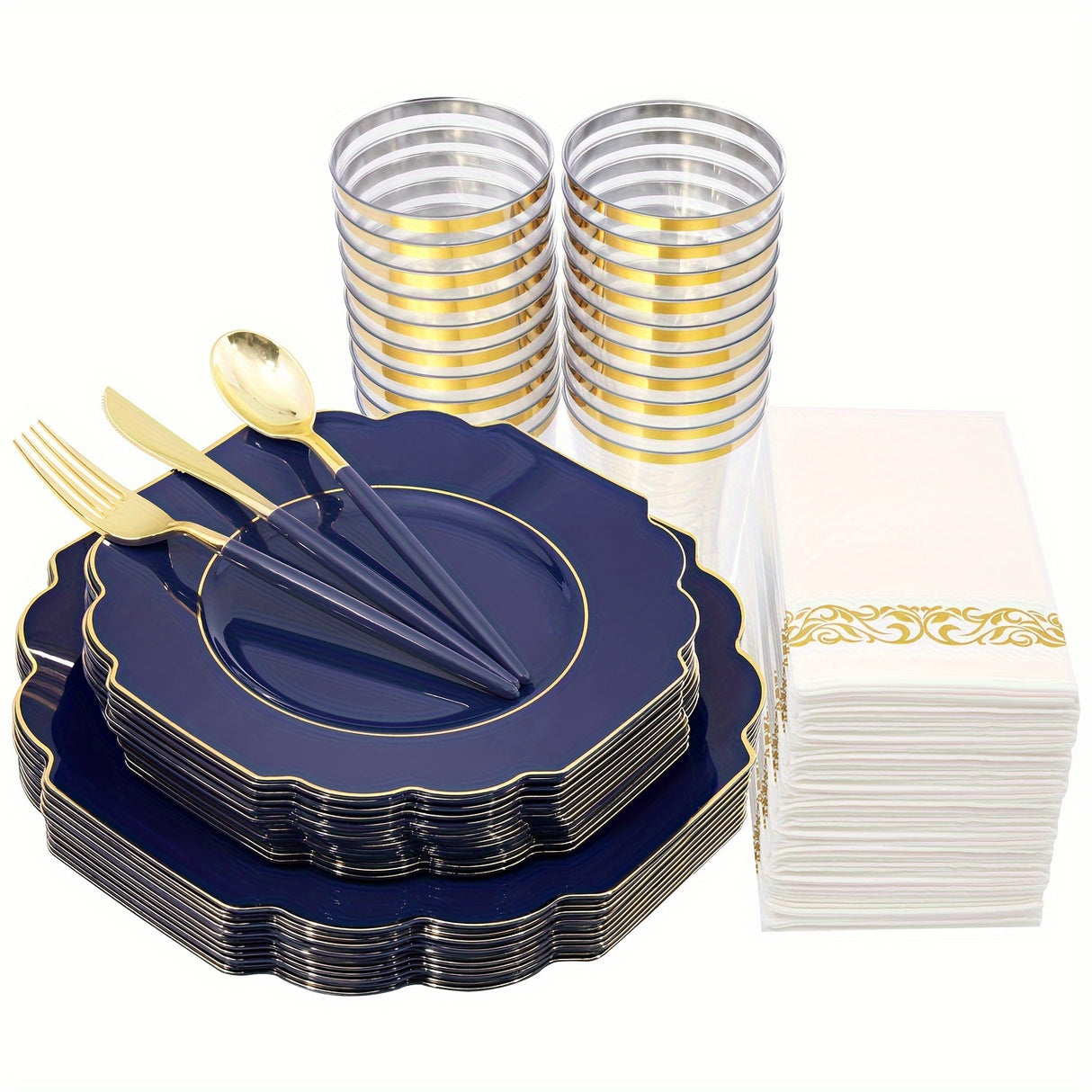 140PCS Plastic Plates - Gold Plastic Silverware, Gold Disposable Plates Include 40Plates, 20Cups, 20Forks, 20 Knives, 20Spoons, 20Napkins for Weddings & Parties