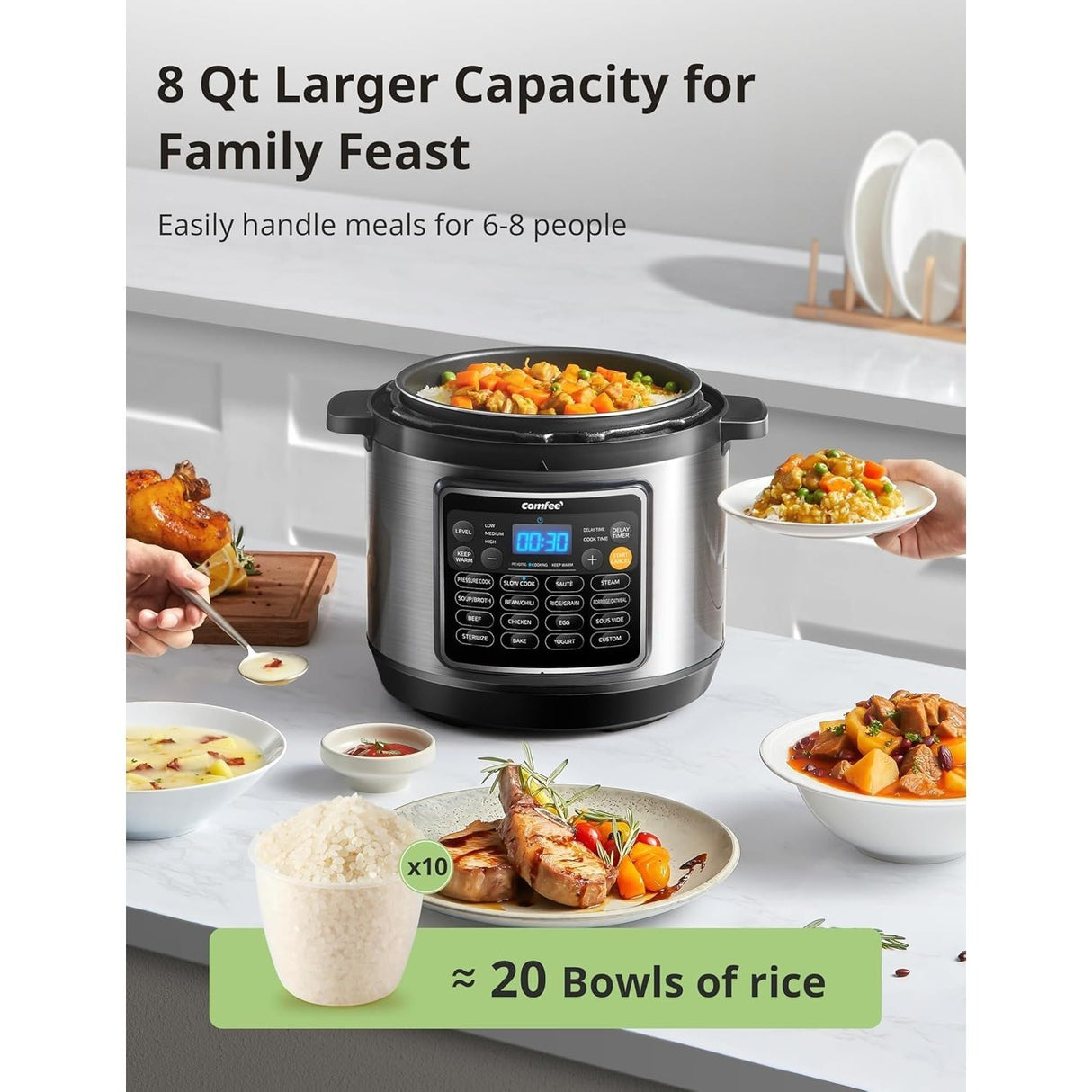 COMFEE 16 in 1 Electric Pressure Cooker Instant Multi Cooker Olla de Presion Non-Stick Pot Yogurt Maker Rice Cooker Slow Cooker Saut Steamer 8 Quarts Stainless Steel