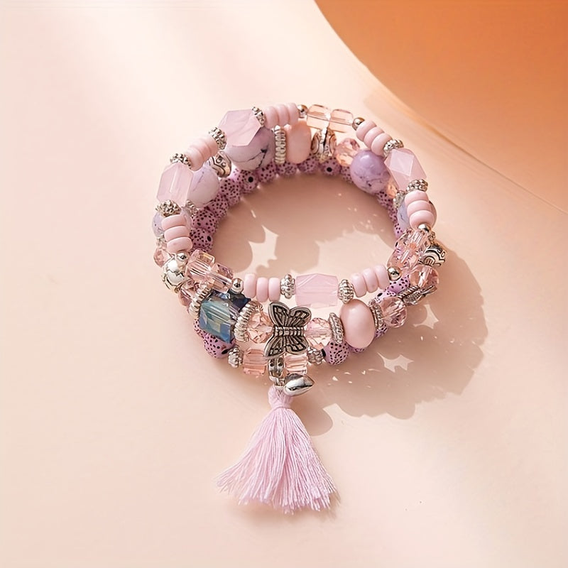 3pcs/set Vibrant Bohemian Butterfly Pendant Tassel Beaded Elastic Multi-Layer Acrylic Bracelets - Stylish Boho Accessories for Men and Women - Perfect Daily Decoration, Gift for Family, Friends, Boyfriends, and Girlfriends on