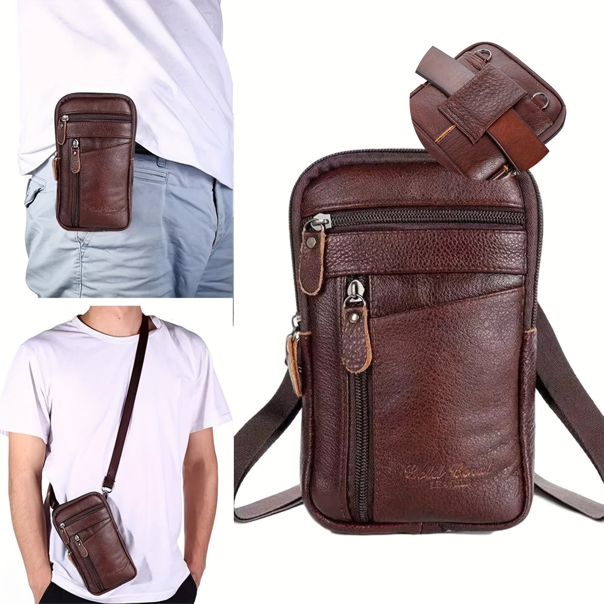 Premium PU Leather Crossbody & Belt Bag for Men and Women - Adjustable Strap, Multiple Zippered Pockets, Phone Holder, Durable Smooth Polyester Lining, Fits Smartphones Up to 6.9 Inches - Coffee Brown, Versatile Travel Pouch