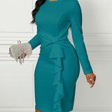 Long Sleeve Solid Ruffle Trim Belted Elegant Dress for Spring & Fall, Women's Clothing