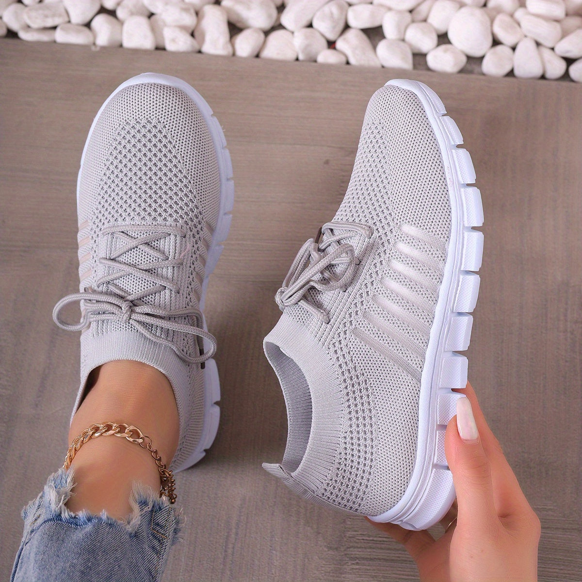 Womens All-Season Lace Up Knit Sneakers - Breathable Mesh Upper, Comfortable Fabric Insole, EVA Sole, Versatile Solid Color Running Shoes for Casual Wear