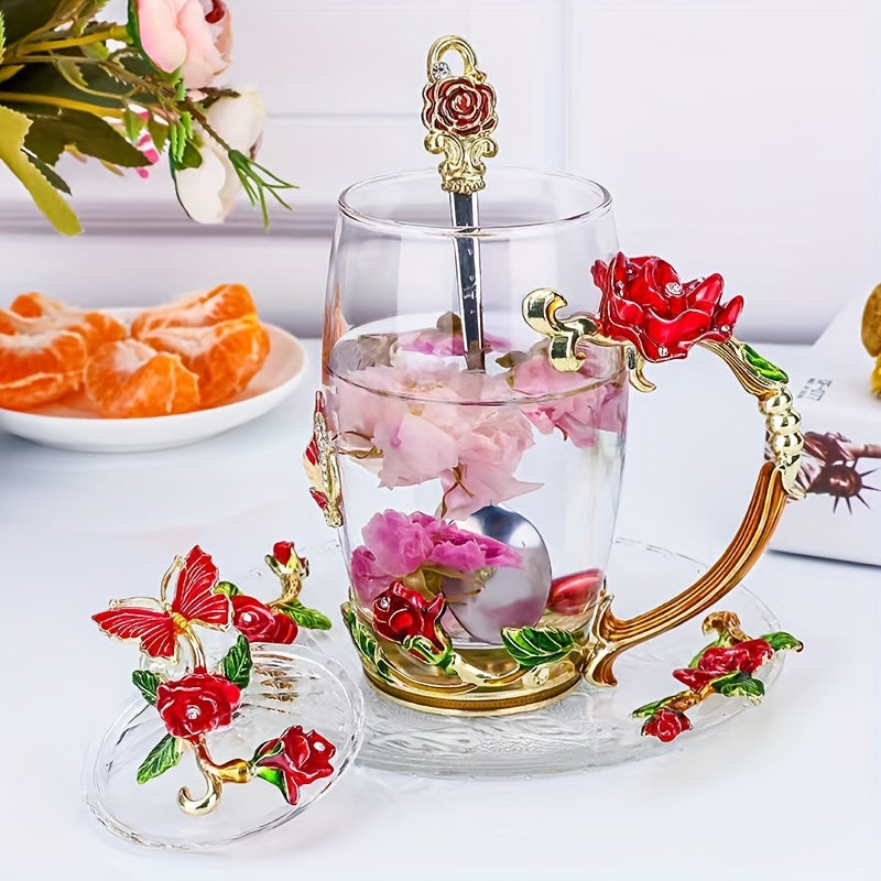 1pc, Exquisite Rose Enamel Butterfly Tea Cup - Heat Resistant, Clear Glass, Painted Flower Design, Elegant Coffee Mug, Tumbler, Ideal Breakfast Drinking Glass, Perfect Gift for Tea Lovers